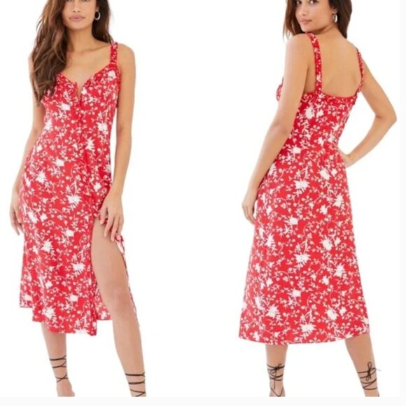 Aritzia Wilfred Lealia Red Goji Berry & White Floral Button Front Midi Dress - Picture 2 of 13
